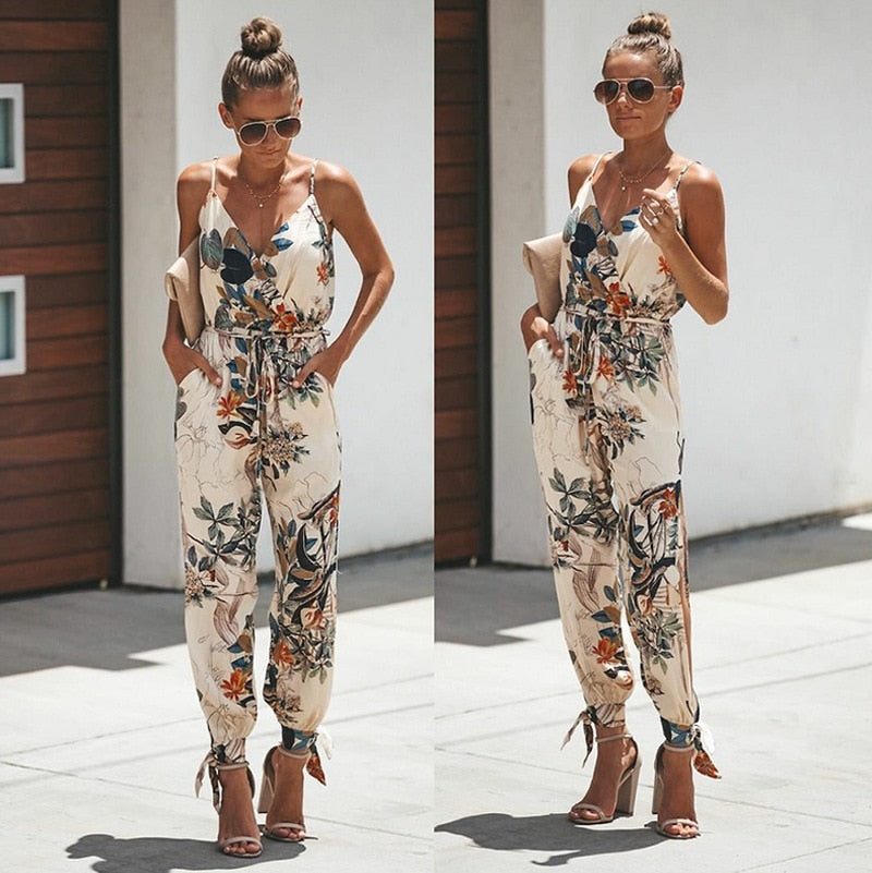 Summer Sexy Droop V Neck Ankle Ties Floral Solid Jumpsuit