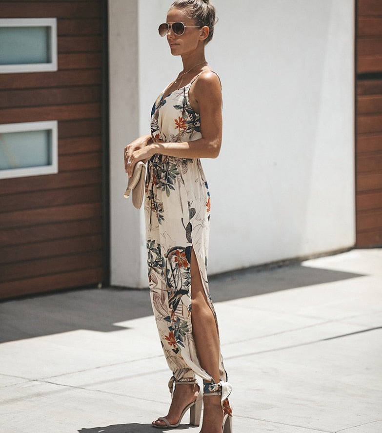 Summer Sexy Droop V Neck Ankle Ties Floral Solid Jumpsuit