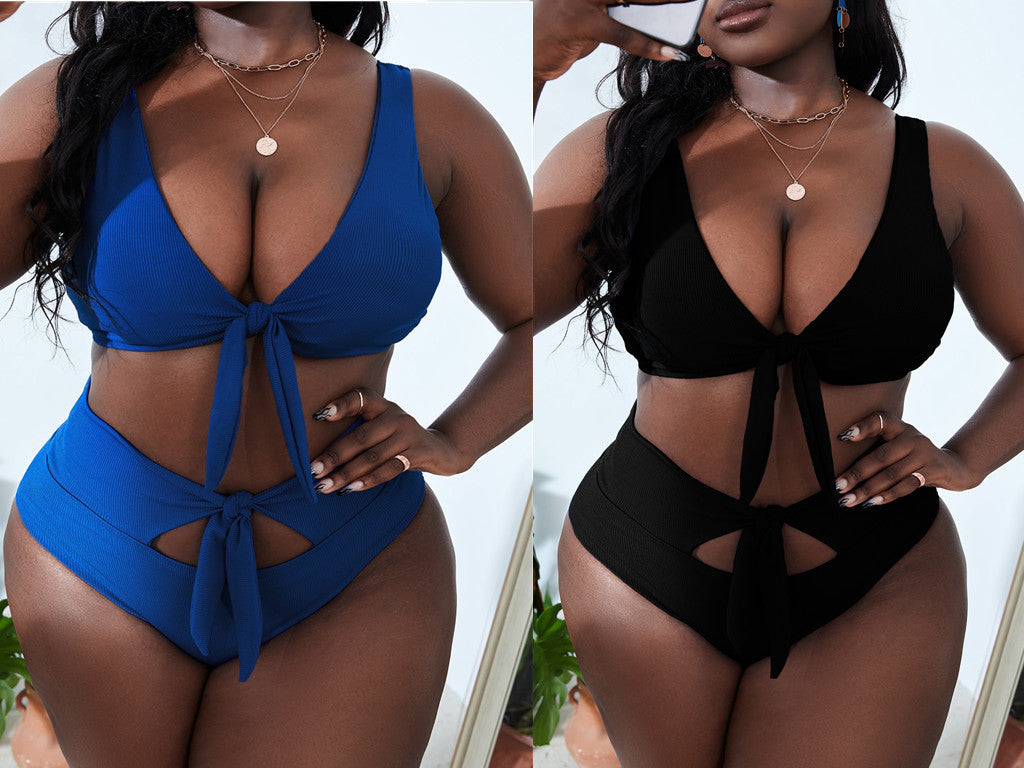Sexy Explosion High Waist Plus Size Padded Cutout Knotted Bikini