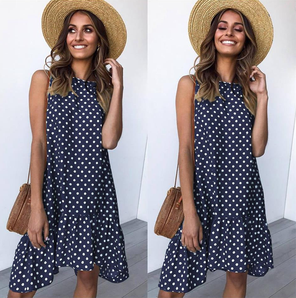 Round Neck Sleeveless Polka Dot Loose Swing Ruffle Dress
