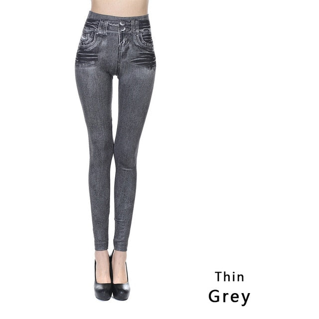 Fashion Faux Denim Jeans Leggings With Pockets