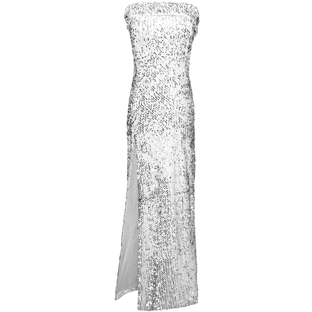 Sexy Strapless Stretch Tube Top Sequin Silver Front Slit Long Dress