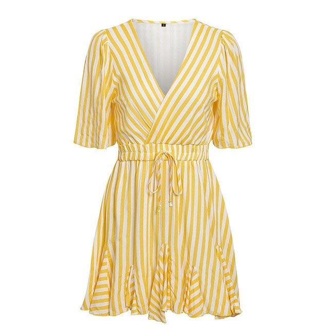 Sexy Vintage Striped V Neck Ruffle Cotton Short Sun Dress