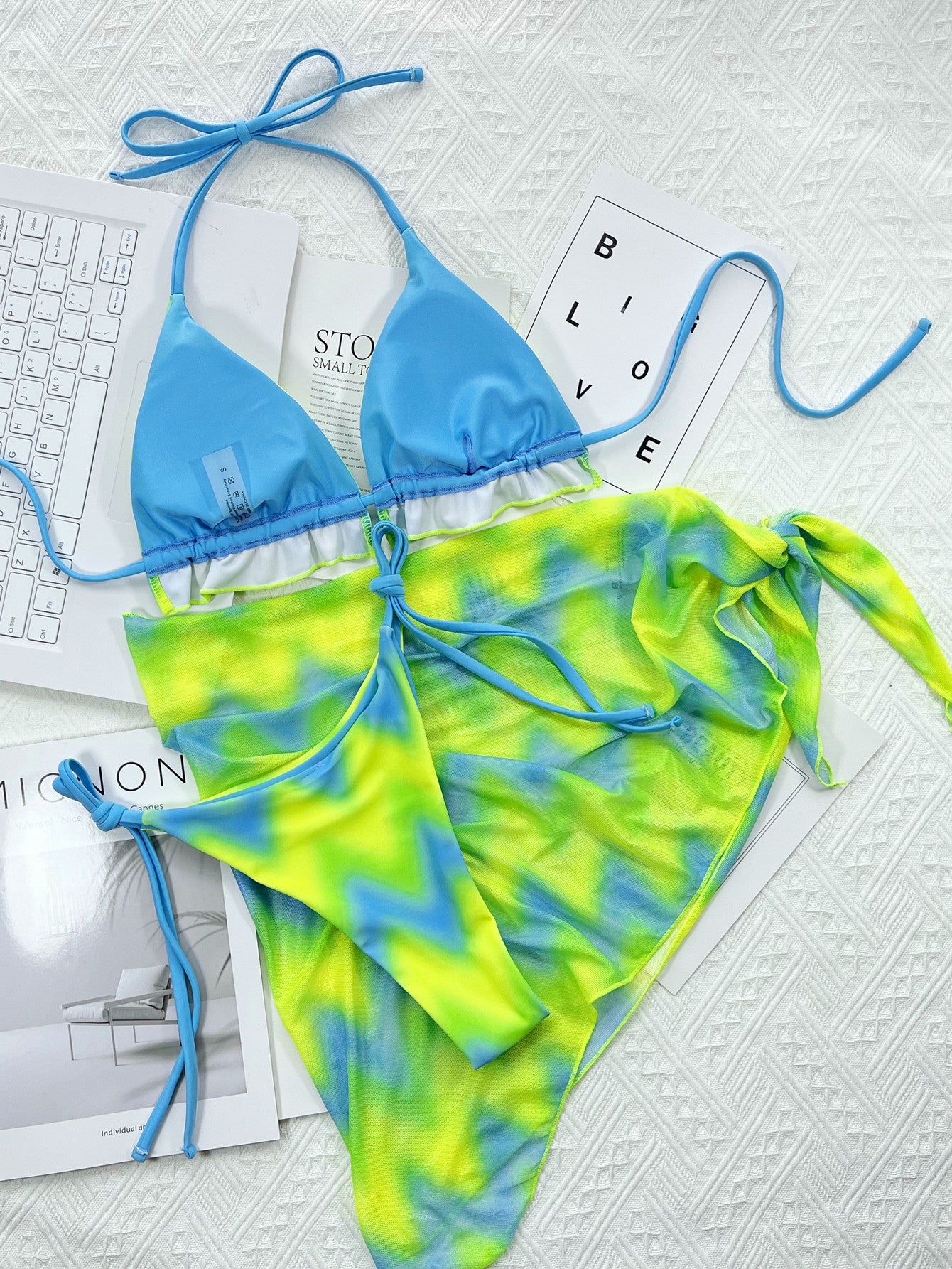 3 Pcs Tie Dye High Cut Triangle Top Bikini & Skirt Wrap