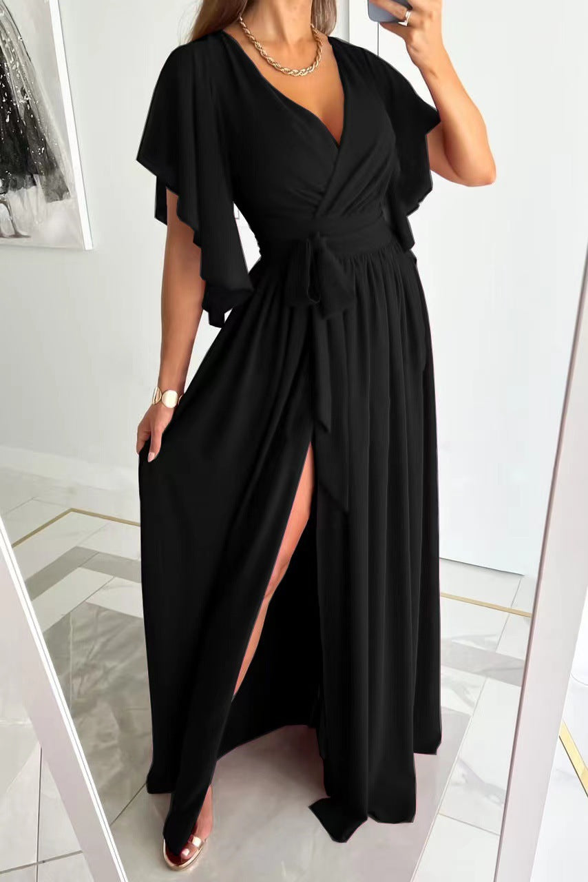 Coy Elegance Flared Sleeves Loose V-Neck Mopping Wrap Dress