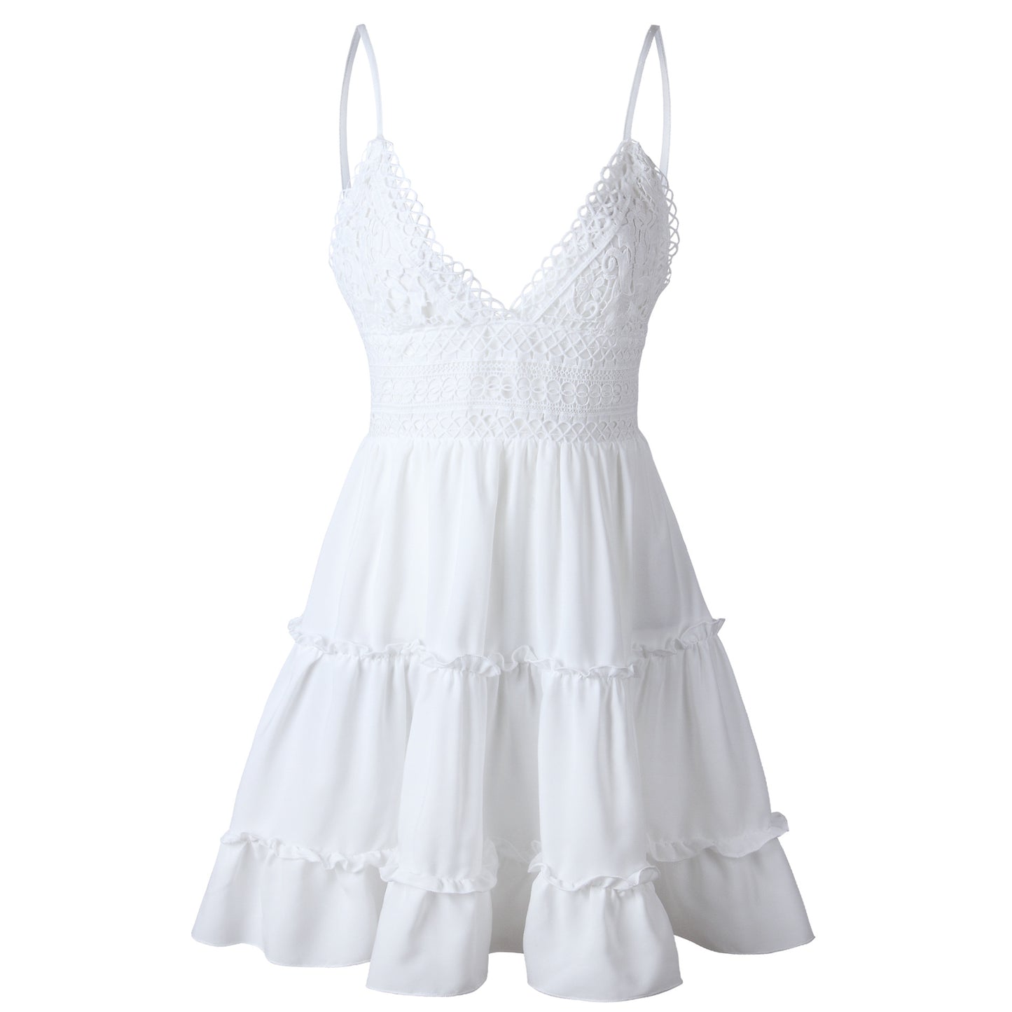 Summer Lace Back Bow V-Neck Ruffled HemSun Dress
