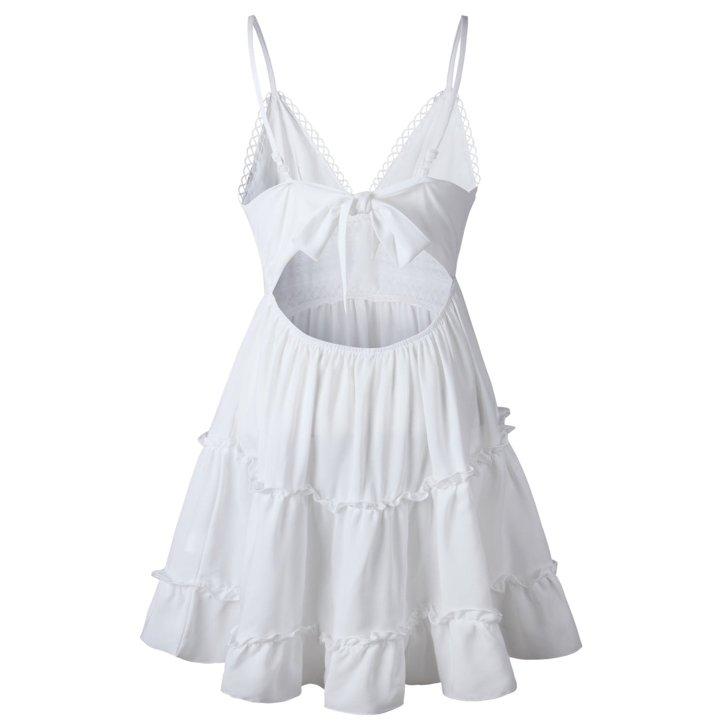 Summer Lace Back Bow V-Neck Ruffled HemSun Dress