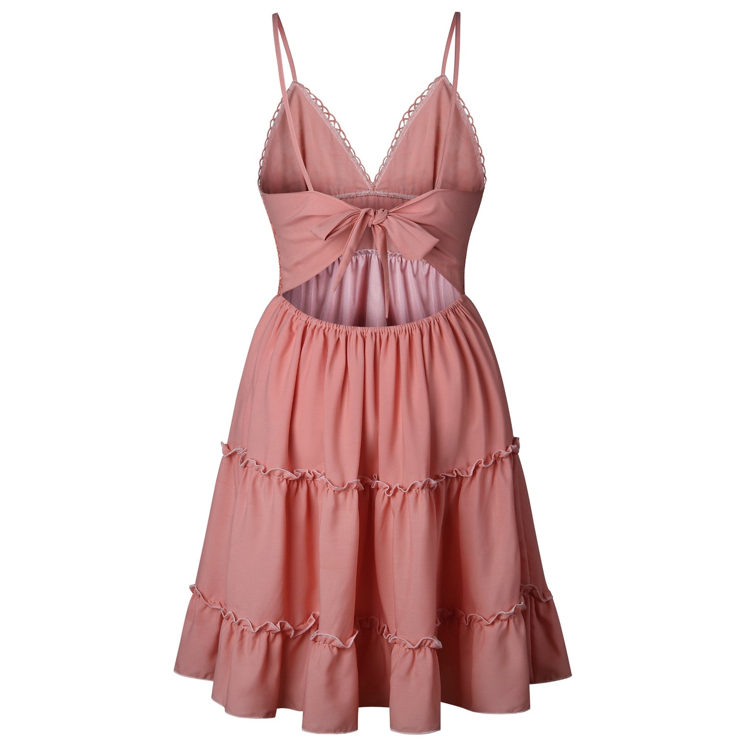 Summer Lace Back Bow V-Neck Ruffled HemSun Dress