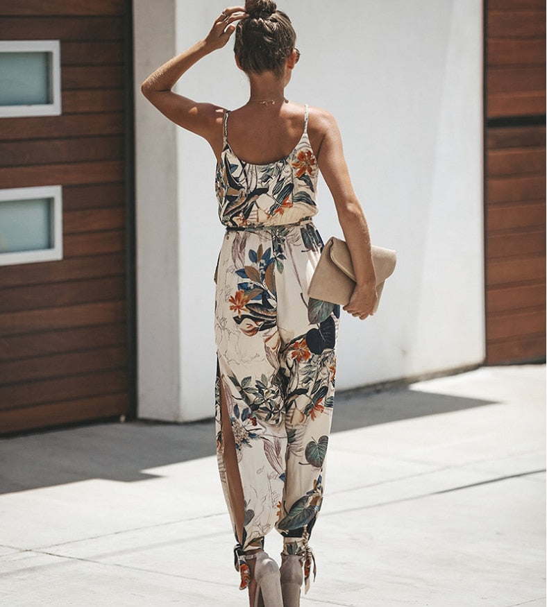 Summer Sexy Droop V Neck Ankle Ties Floral Solid Jumpsuit