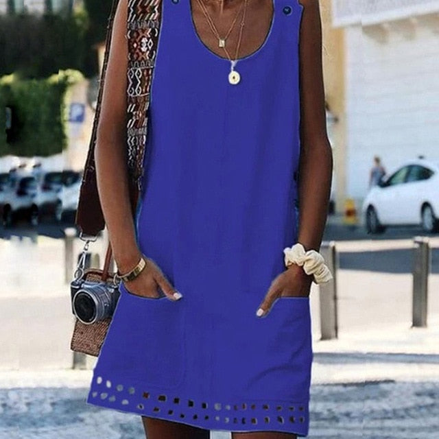 Sweet Summer O-Neck Pocket  A Line Dress