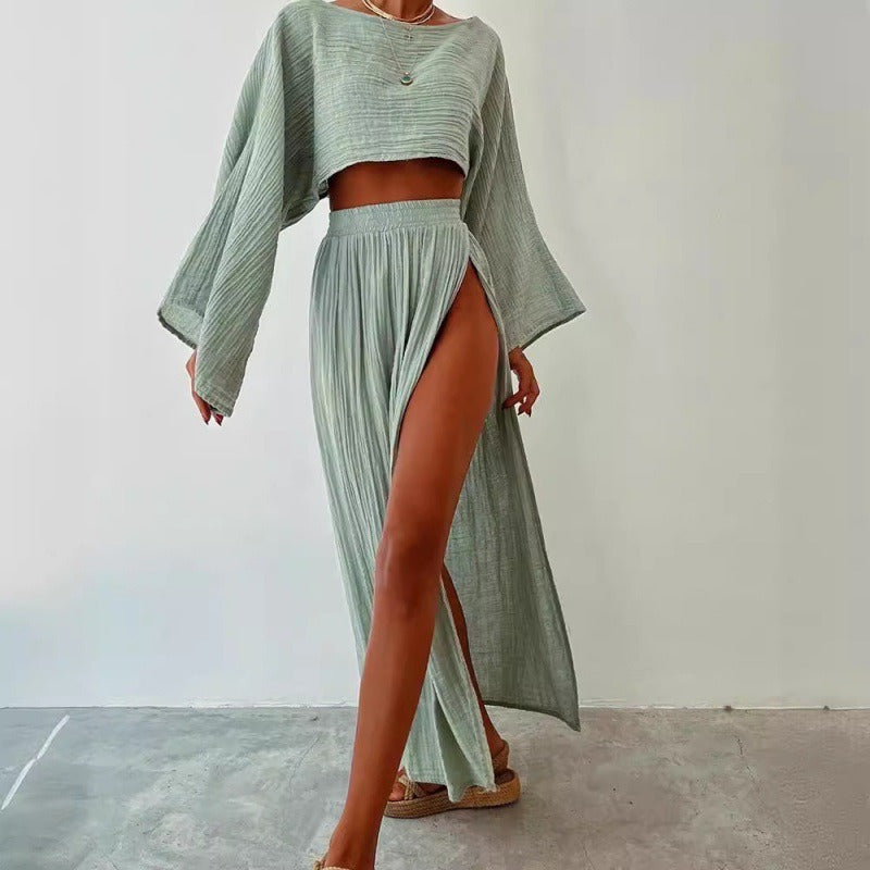 Linen Blend Crop Top & High Slit Skirt