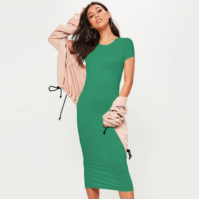 Short Sleeve O Neck Cotton Midi Dress