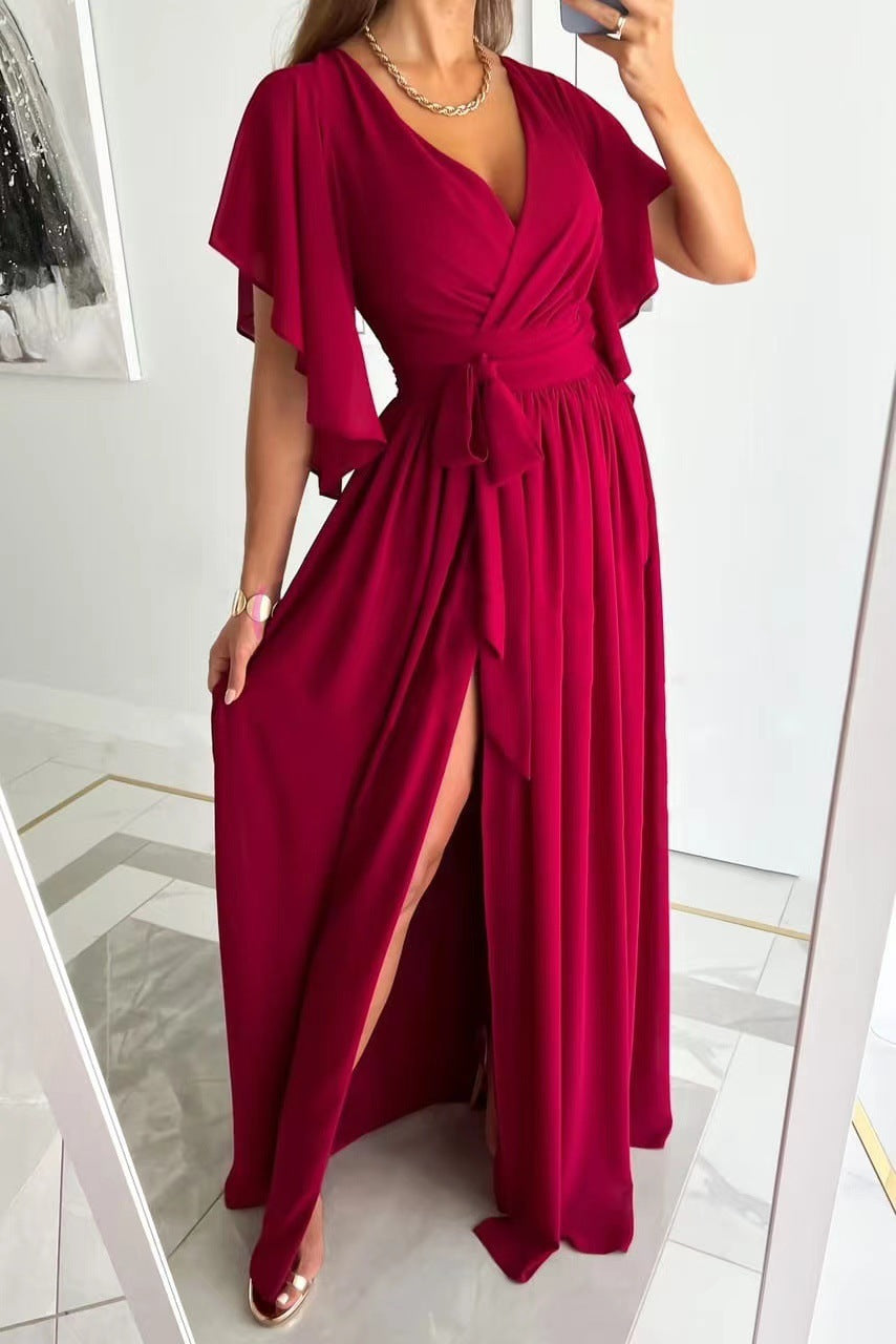 Coy Elegance Flared Sleeves Loose V-Neck Mopping Wrap Dress