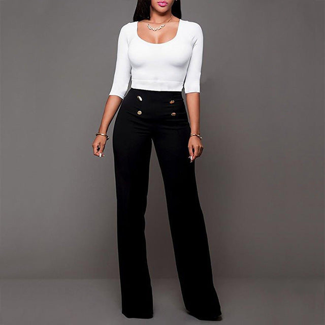 Button Accent Flare Leg High Waist Pants