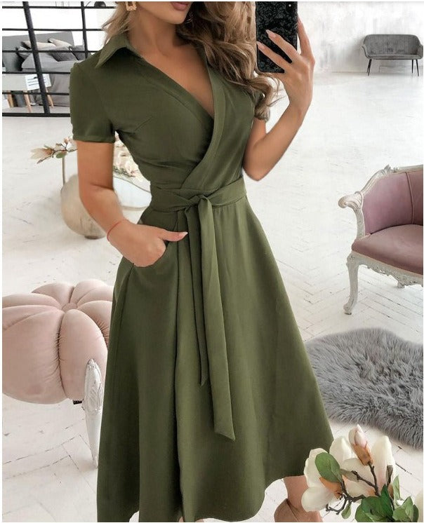 Sophisticated Sexy V-neck Fitted Wide Swing Wrap Dress