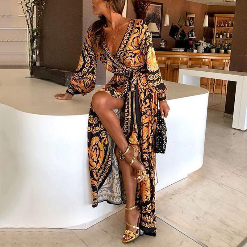Fall Glamour Glitter Accent Deep V Neck Front Slit Maxi Dress