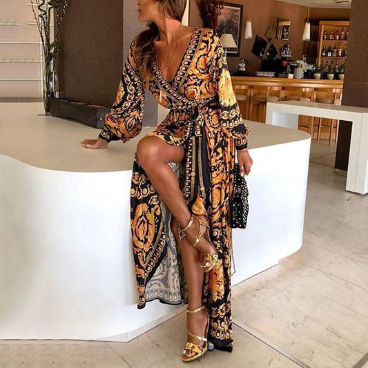 Fall Glamour Glitter Accent Deep V Neck Front Slit Maxi Dress