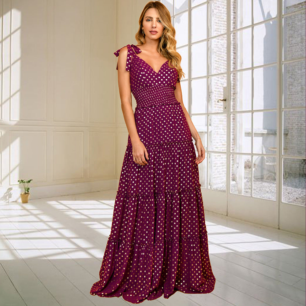 Sweet & Sexy Polka Dot V-Neck Shoulder Tie Swing Skirt Maxi Dress