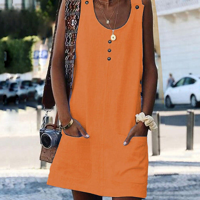 Sweet Summer O-Neck Pocket  A Line Dress