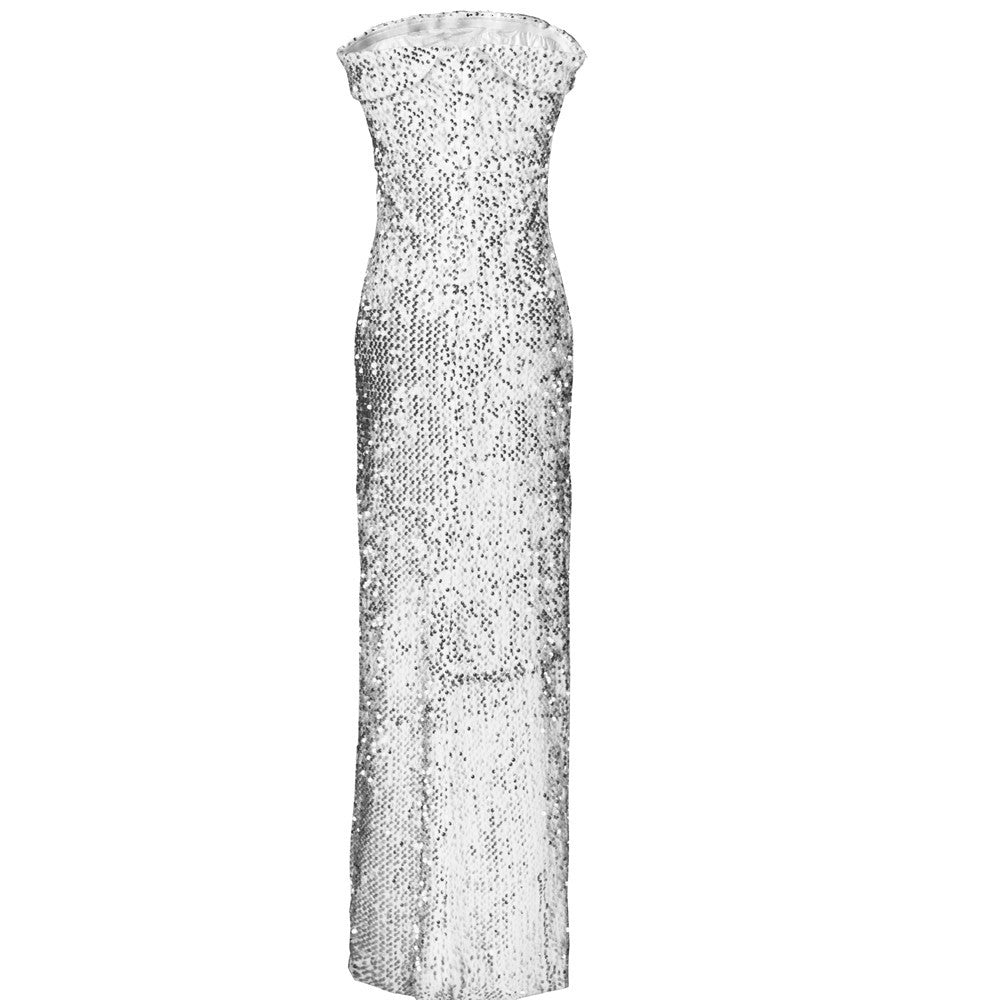 Sexy Strapless Stretch Tube Top Sequin Silver Front Slit Long Dress