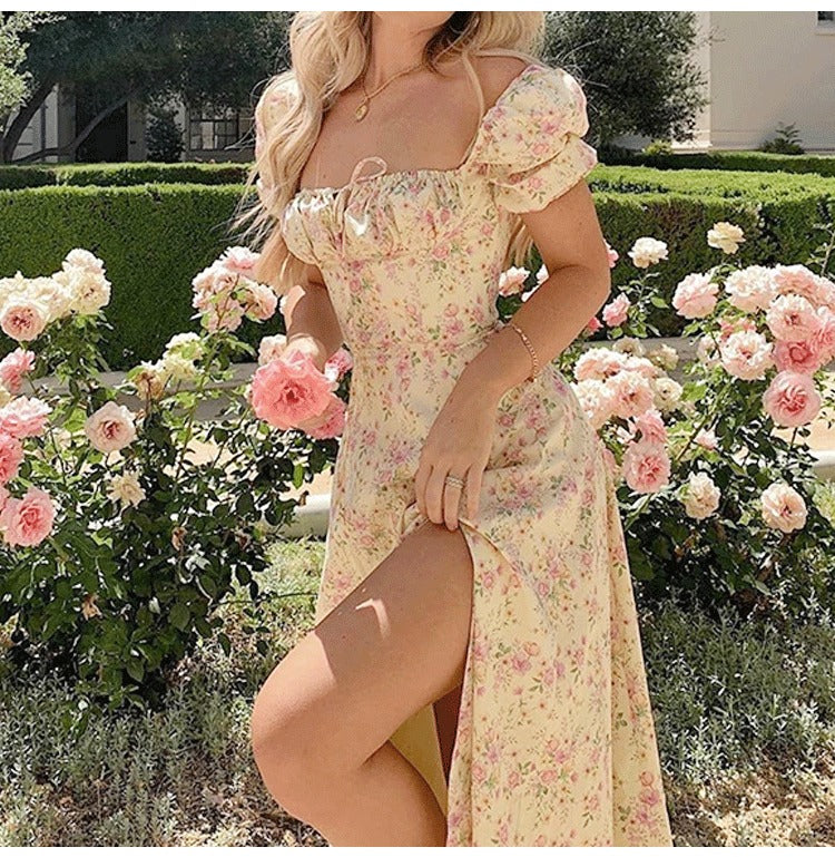 Sexy French Floral Open Back Strap Split Dress Sundress