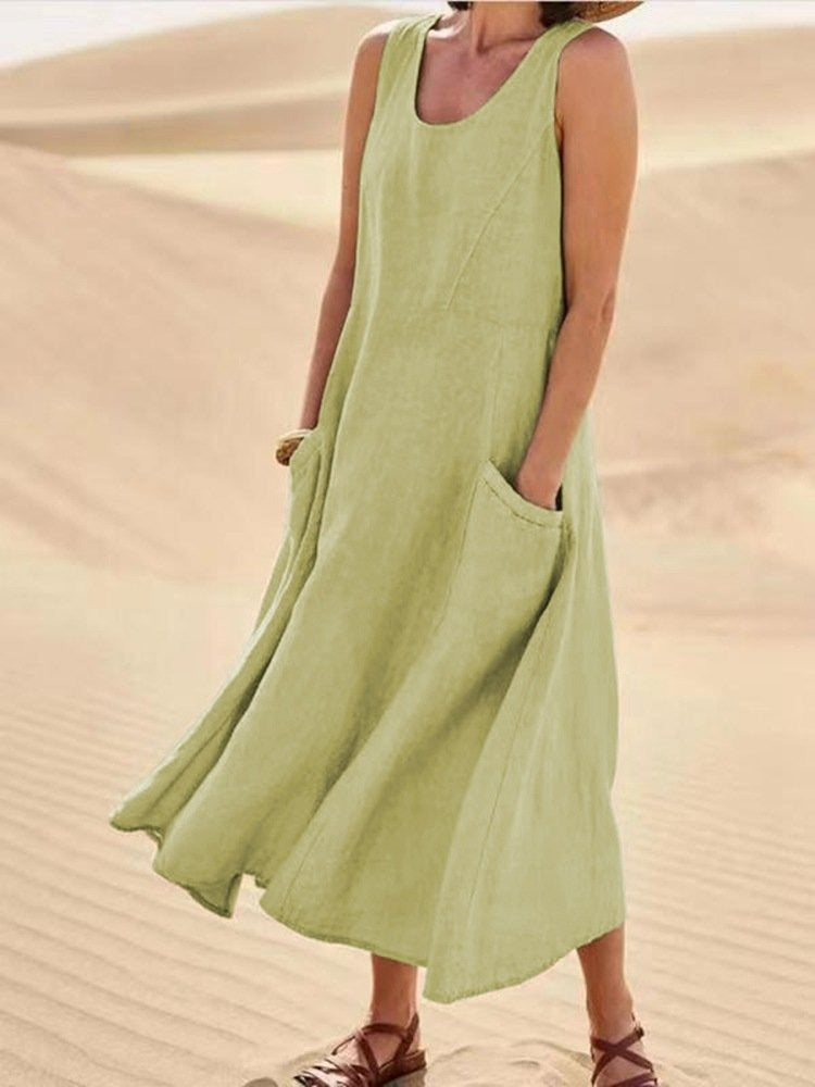 Pocket Sleeveless Round Neck Cotton and Linen Dress