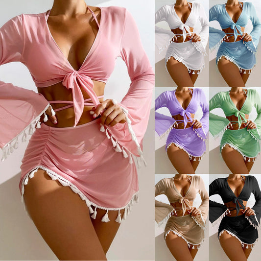 4pcs - Bikini With Skirt And Long Sleeve Cover-up Fashion Bow Tie Fringed Swimsuit