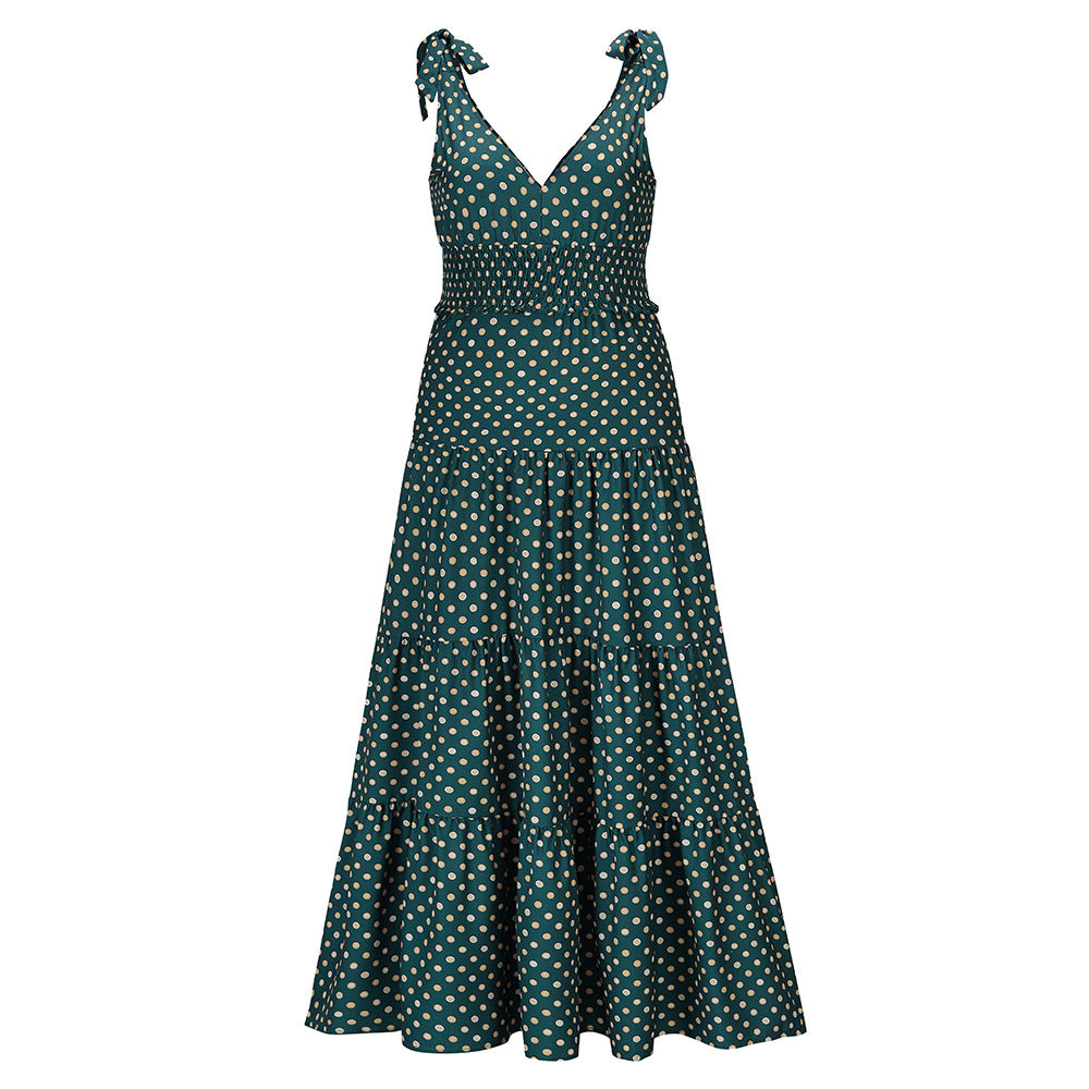 Sweet & Sexy Polka Dot V-Neck Shoulder Tie Swing Skirt Maxi Dress