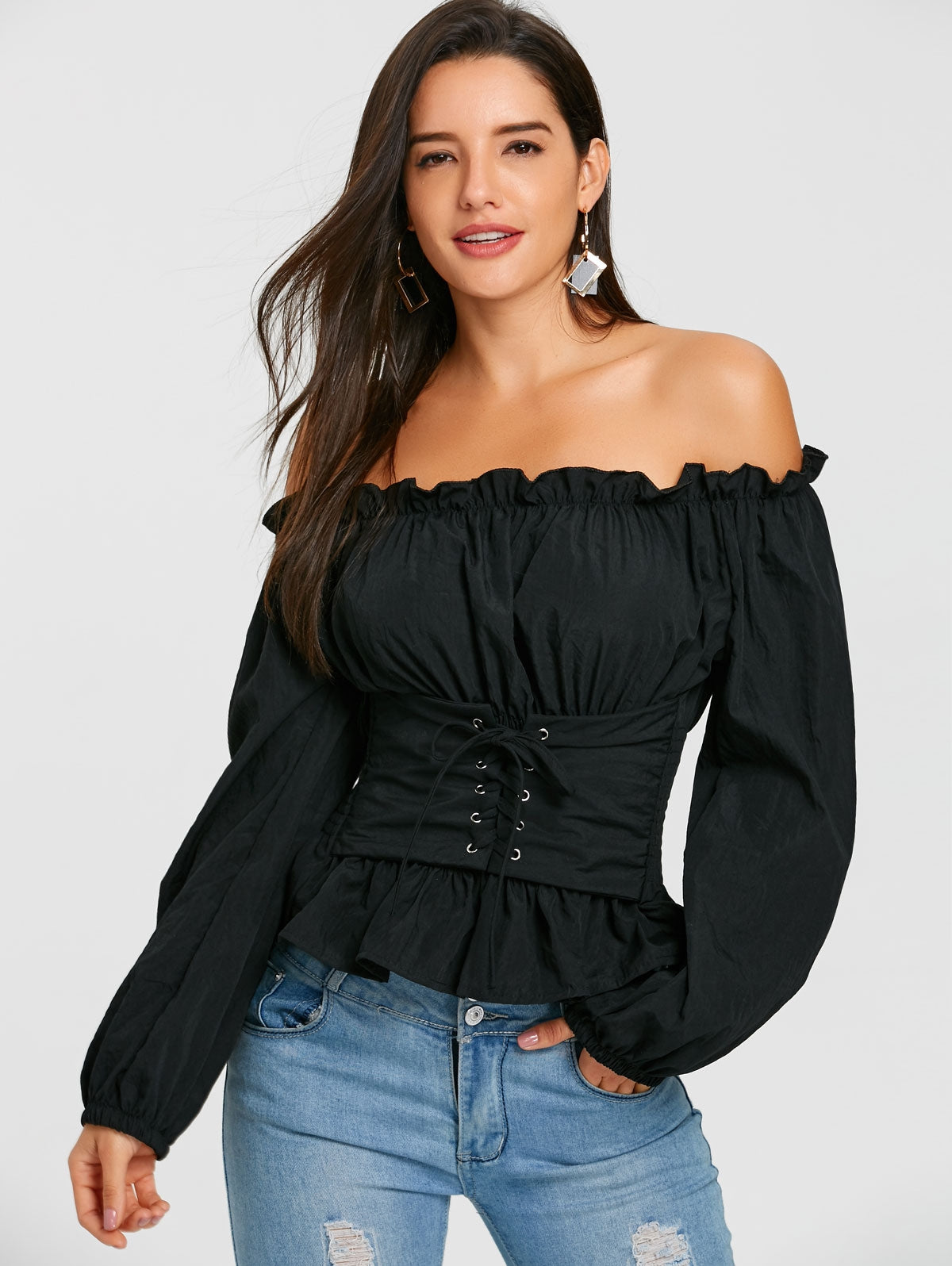 Off The Shoulder Lace Up Smocked Blouse