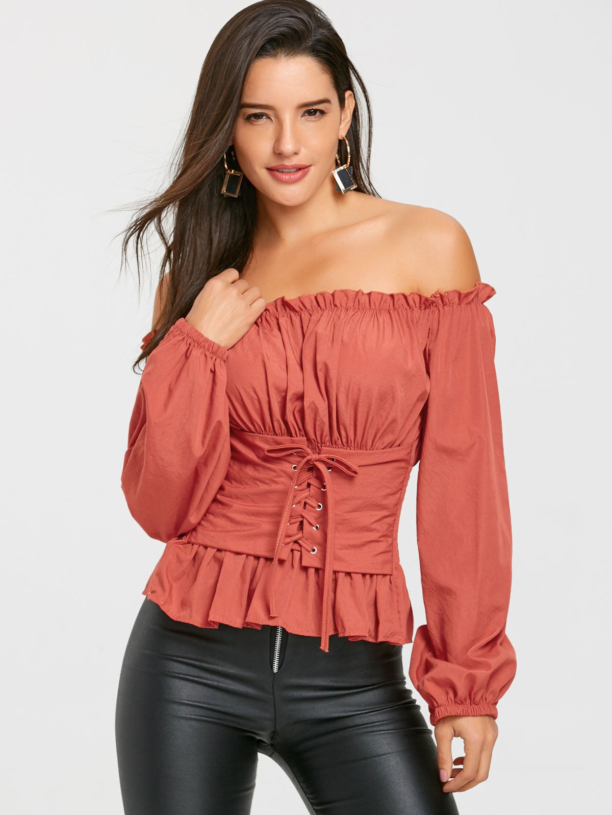 Off The Shoulder Lace Up Smocked Blouse