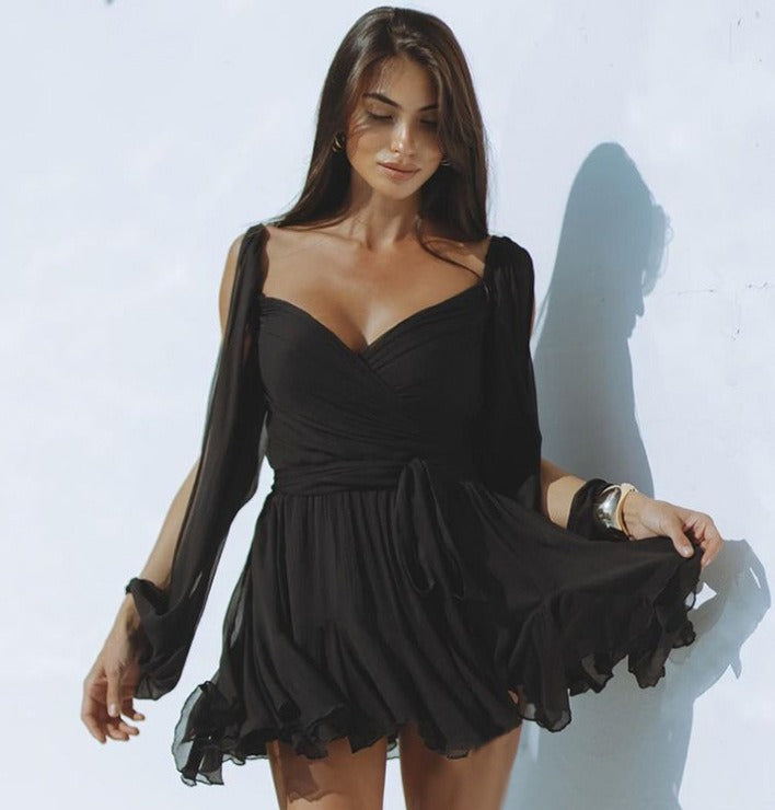 Sexy Cut Out Lantern Sleeve Open Shoulder Ruffle Hem Sundress Short Dress