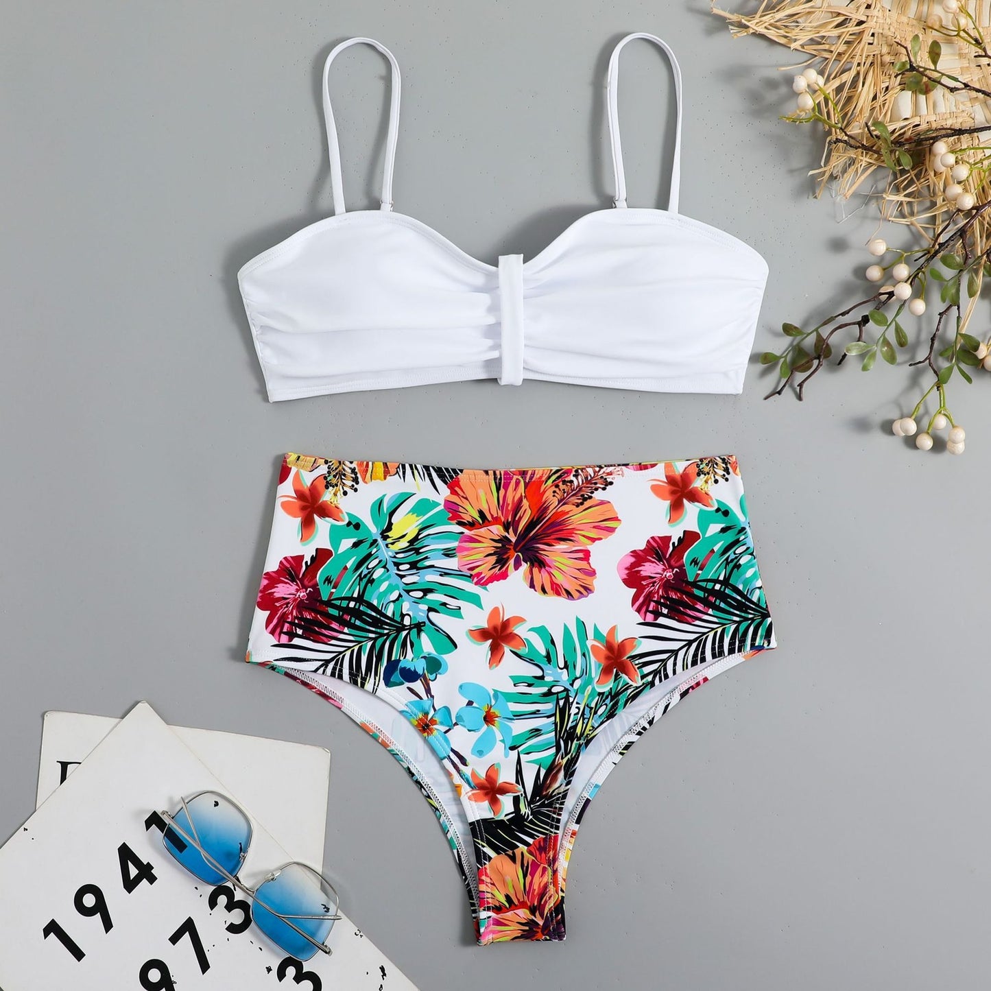 Sweet Tropical High Waisted & Ruched Front Padded Bra Top Bikini