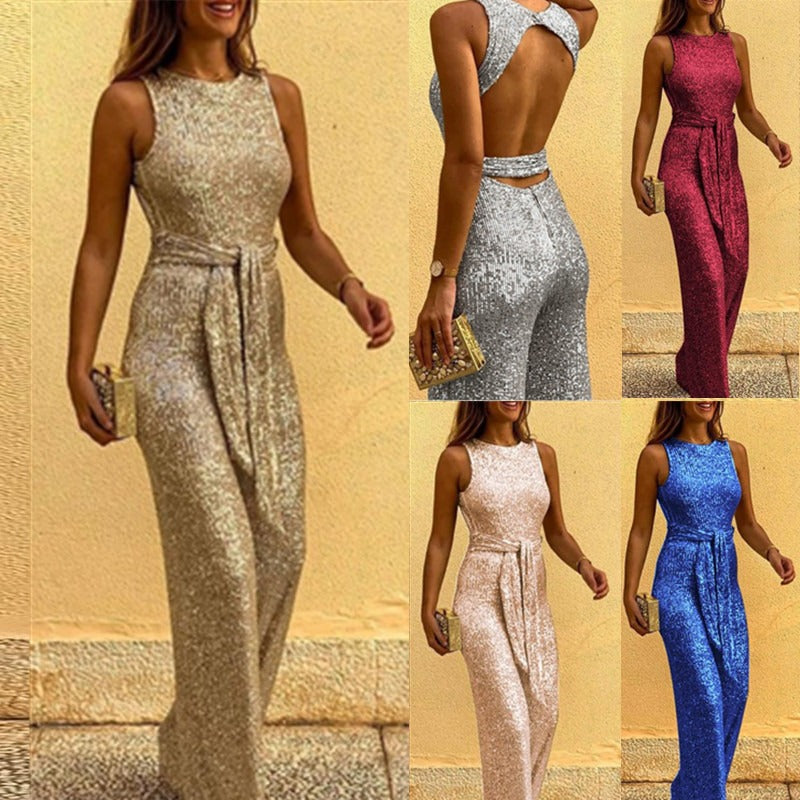 Sexy Halter Neck Open Back Sequin Jumpsuit