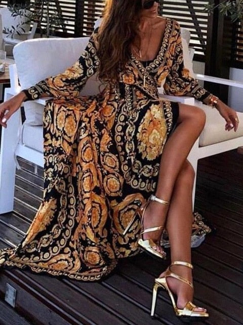 Fall Glamour Glitter Accent Deep V Neck Front Slit Maxi Dress