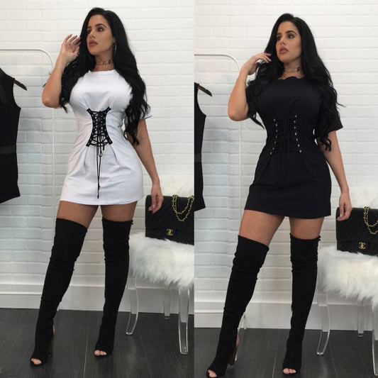 Comfy Casual Lace Up Front Fitted Waist T Shirt Dress