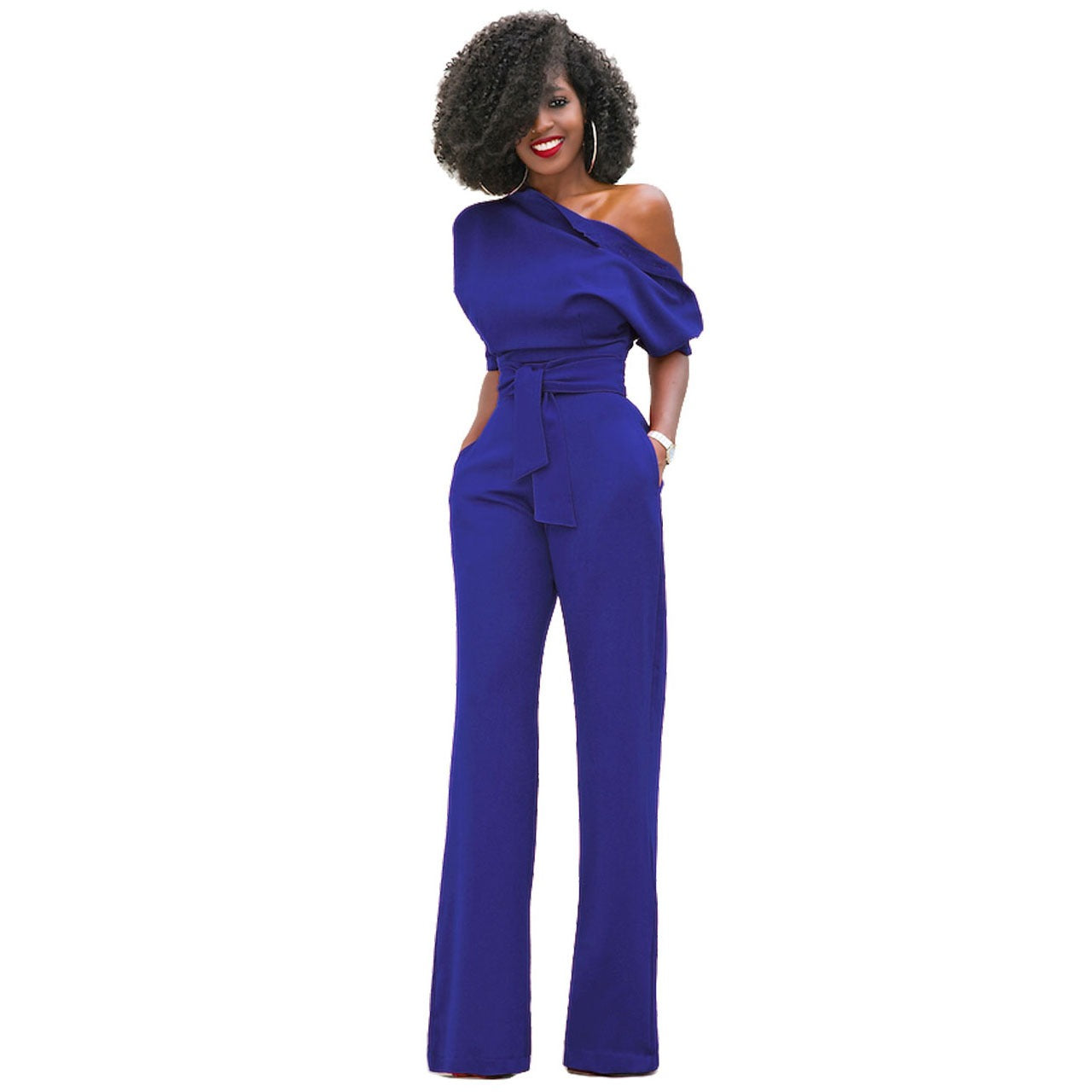 Sexy Diagonal Collar Button Up Jumpsuit