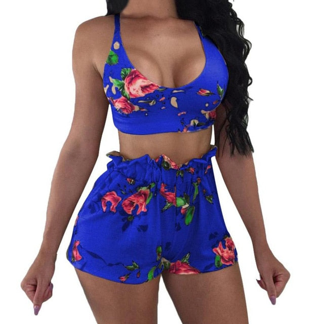 Casual Floral Print Crop Tank & Shorts Set