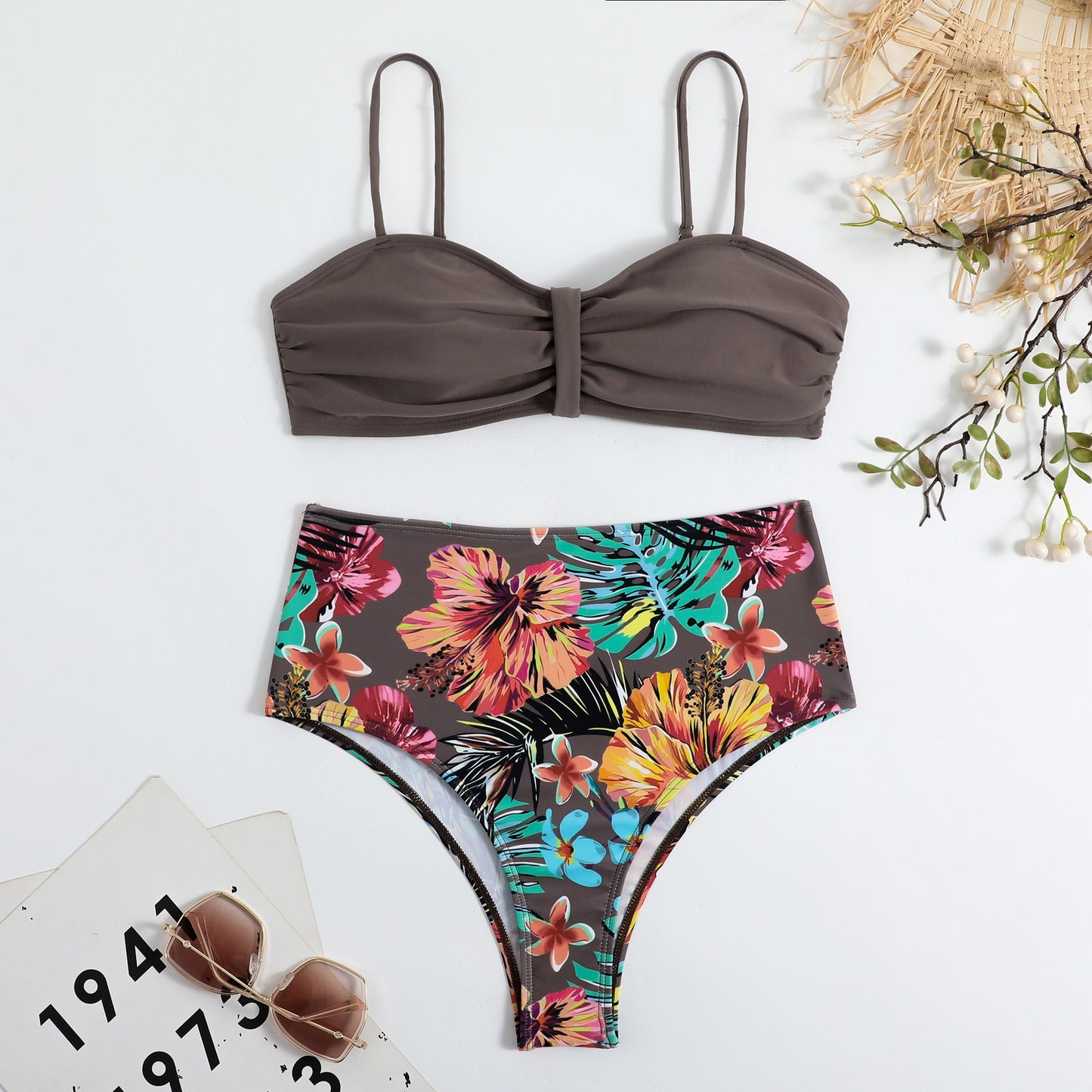 Sweet Tropical High Waisted & Ruched Front Padded Bra Top Bikini