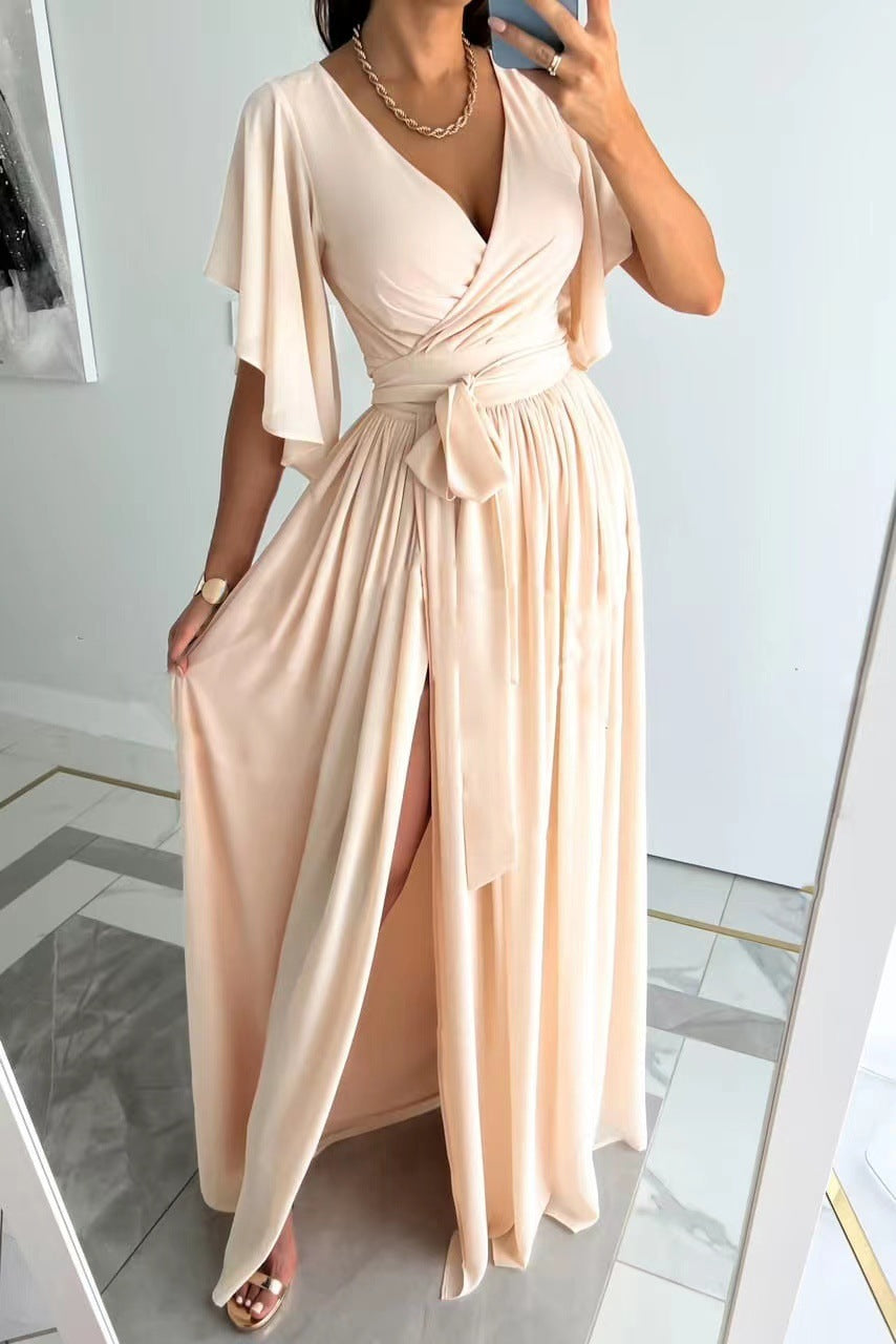 Coy Elegance Flared Sleeves Loose V-Neck Mopping Wrap Dress