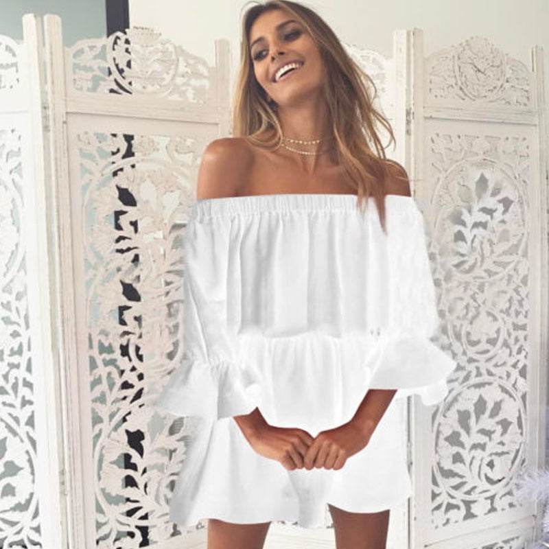 Sexy Summer Solid Off Shoulder Lantern Sleeve Mini Dress