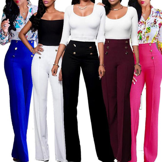 Button Accent Flare Leg High Waist Pants