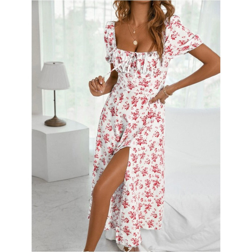 Sexy French Floral Open Back Strap Split Dress Sundress