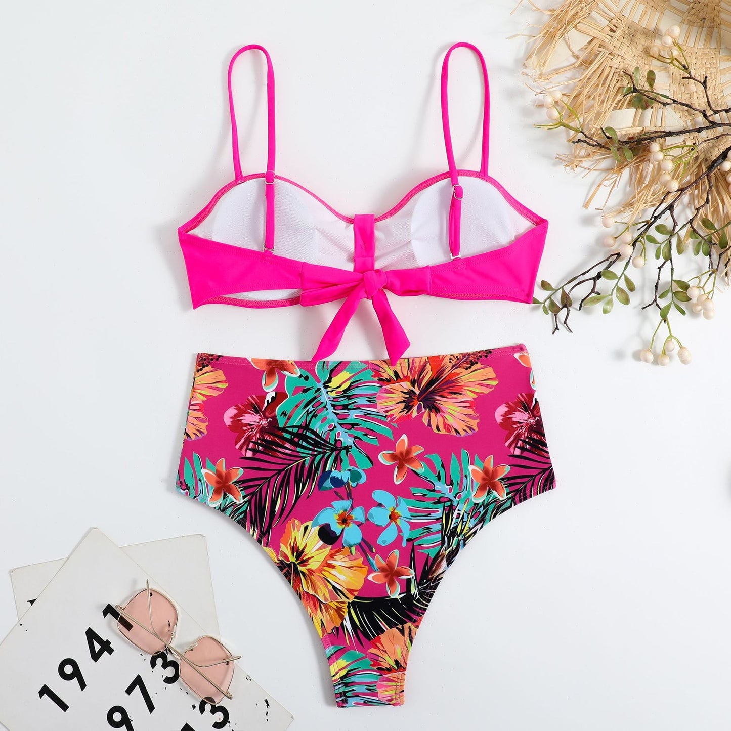 Sweet Tropical High Waisted & Ruched Front Padded Bra Top Bikini