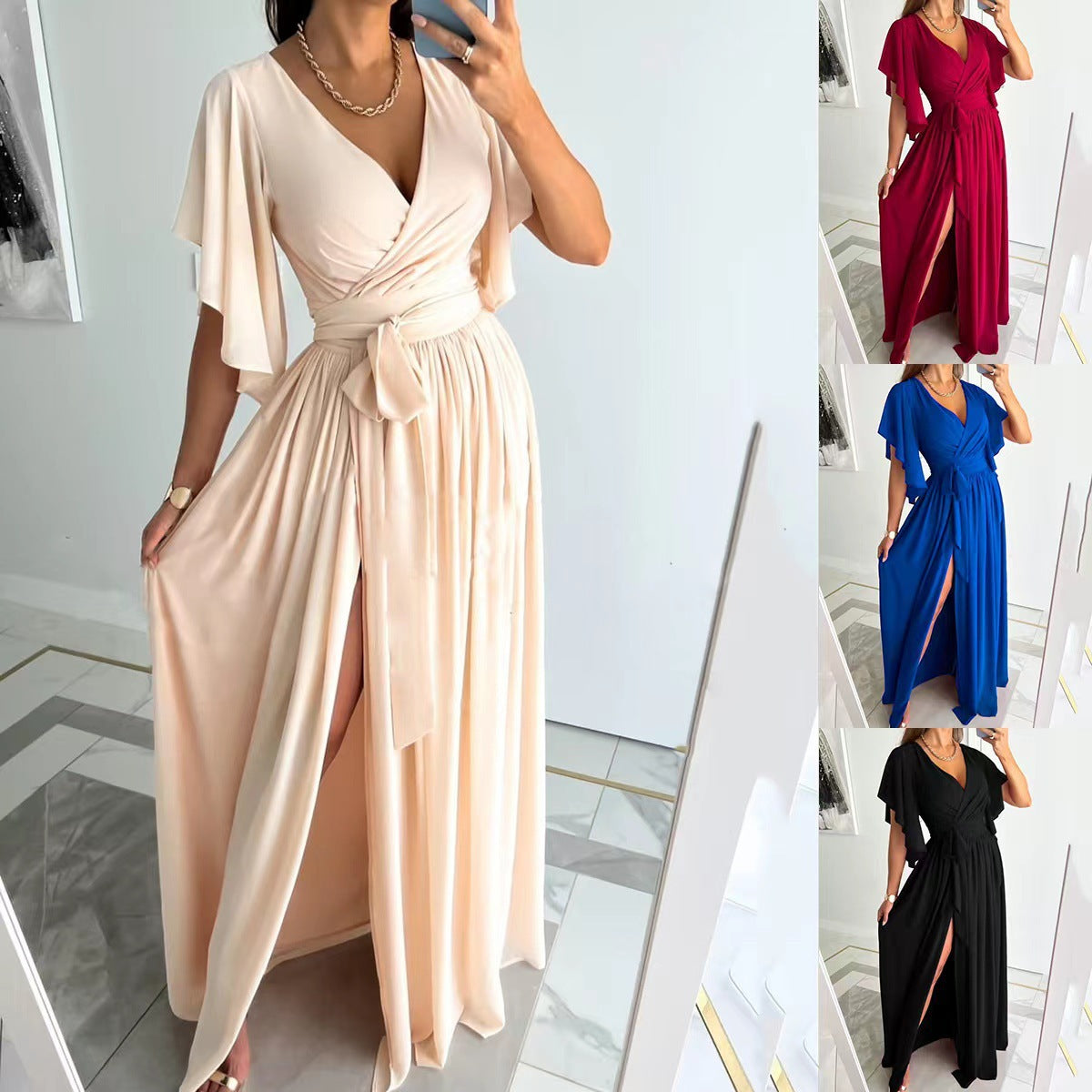 Coy Elegance Flared Sleeves Loose V-Neck Mopping Wrap Dress