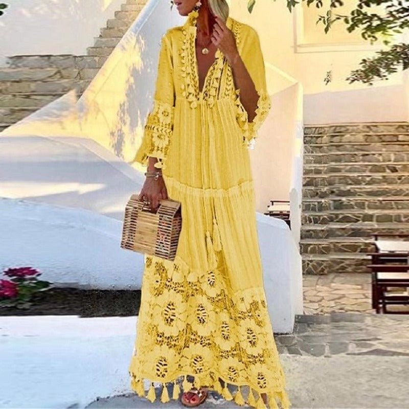 Embroidered Bohemian V-Neck Maxi Dress