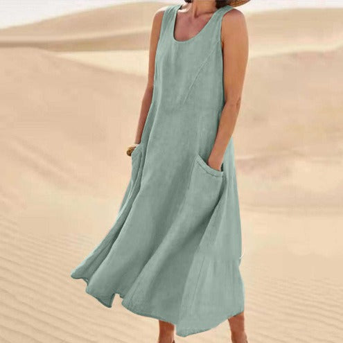 Pocket Sleeveless Round Neck Cotton and Linen Dress