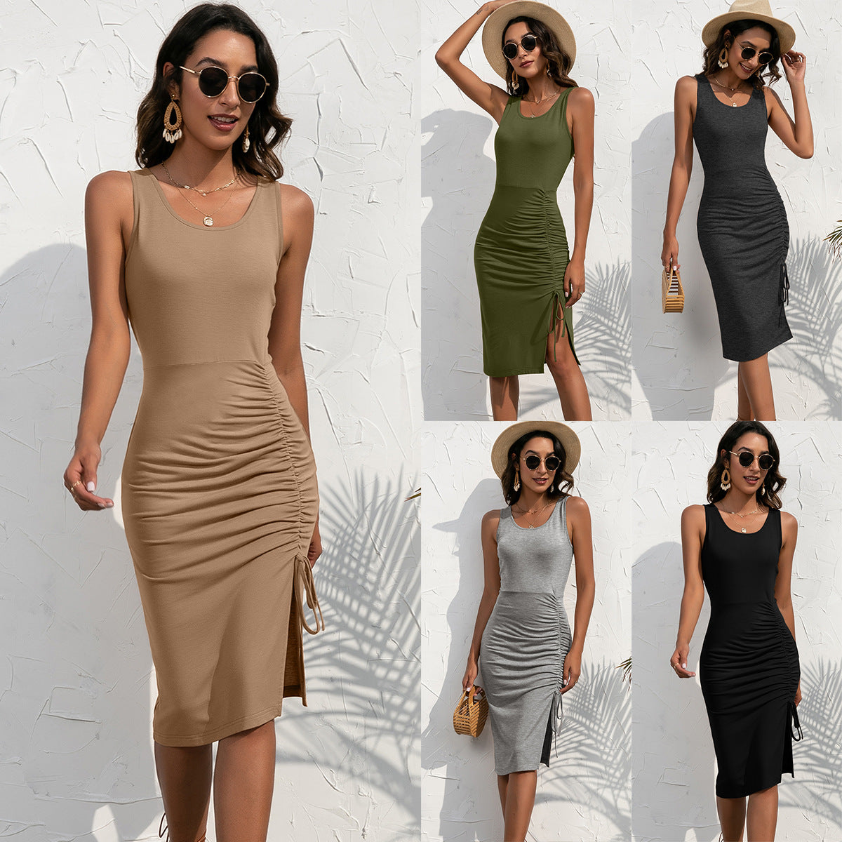 Side Drawstring Round Neck Pullover Knit Dress