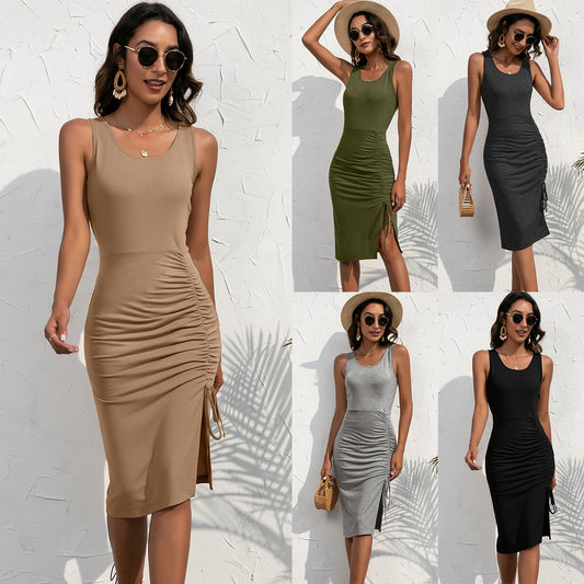 Side Drawstring Round Neck Pullover Knit Dress