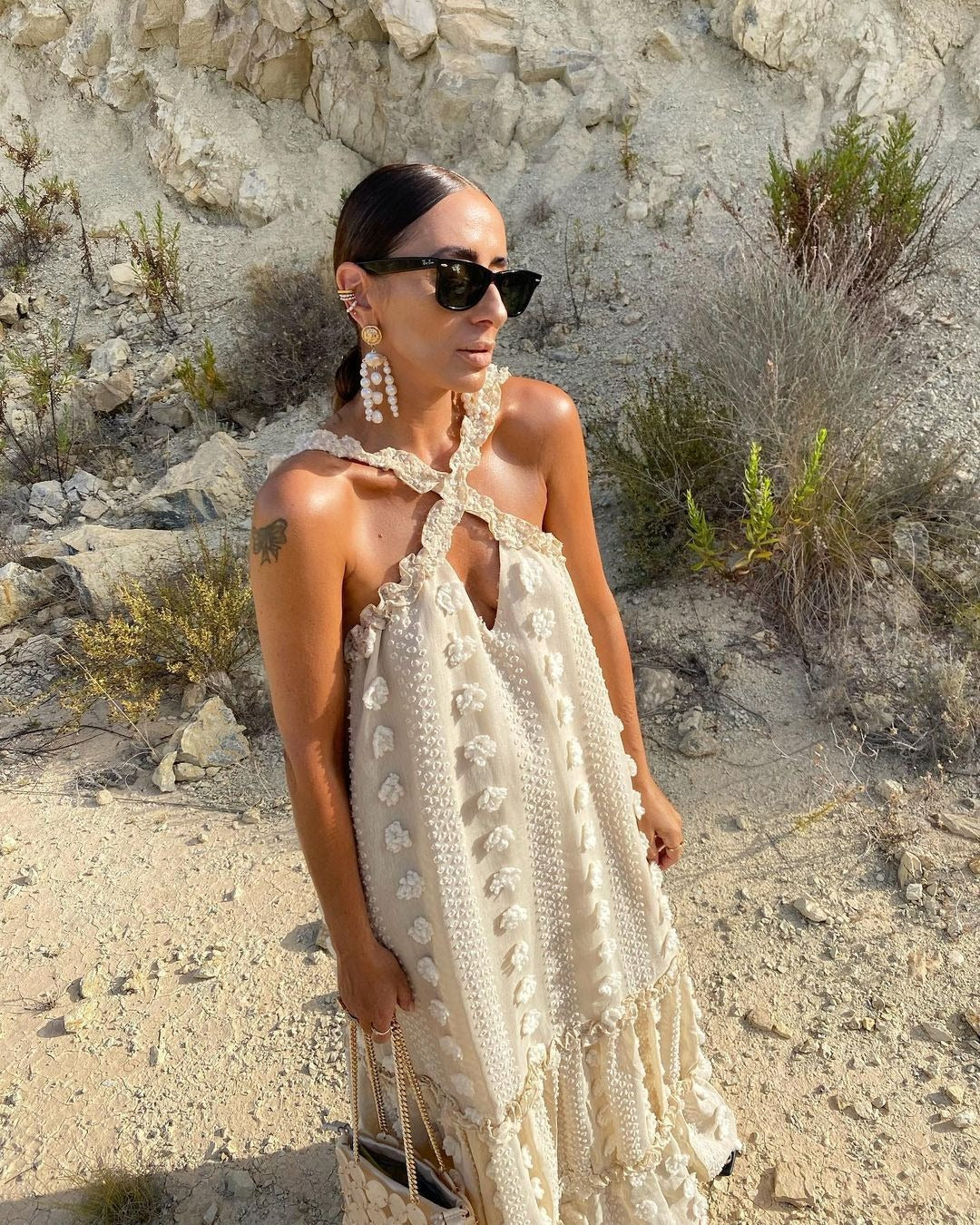 Hanging Halter Neck 3D Flower Maxi Dress