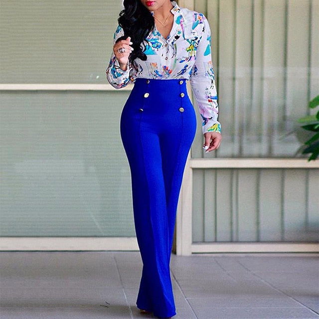 Button Accent Flare Leg High Waist Pants